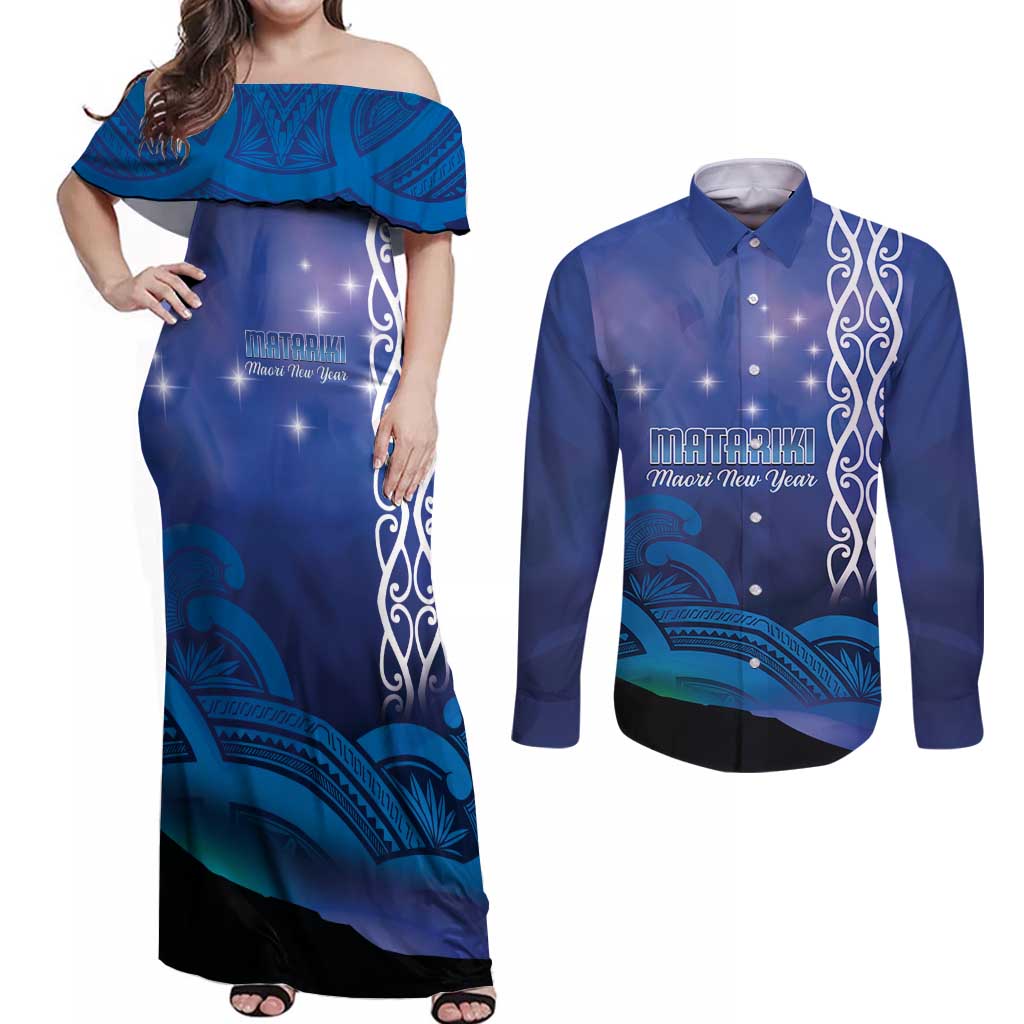 Personalised Matariki New Zealand Couples Matching Off Shoulder Maxi Dress and Long Sleeve Button Shirt Maori New Year Galaxy Koru Pattern
