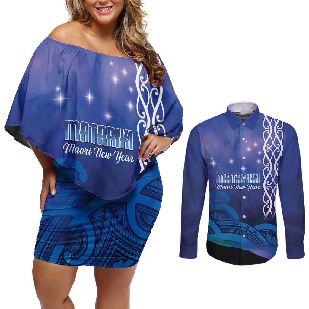 Personalised Matariki New Zealand Couples Matching Off Shoulder Short Dress and Long Sleeve Button Shirt Maori New Year Galaxy Koru Pattern