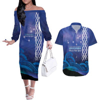 Personalised Matariki New Zealand Couples Matching Off The Shoulder Long Sleeve Dress and Hawaiian Shirt Maori New Year Galaxy Koru Pattern