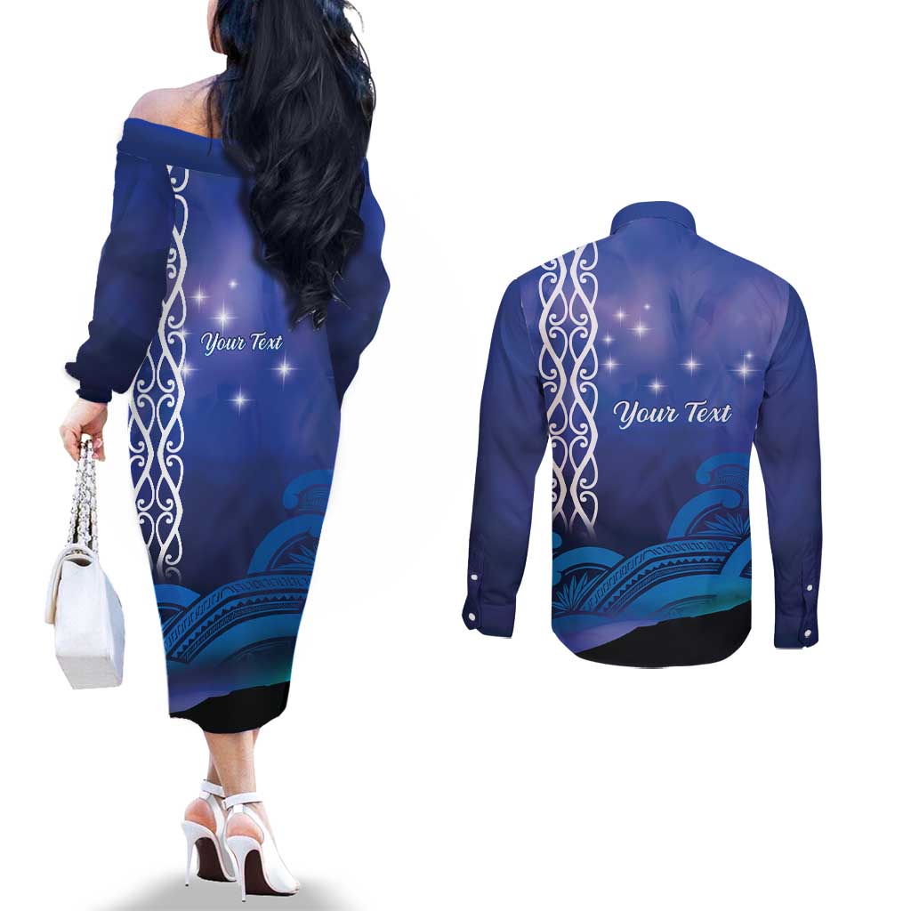 Personalised Matariki New Zealand Couples Matching Off The Shoulder Long Sleeve Dress and Long Sleeve Button Shirt Maori New Year Galaxy Koru Pattern