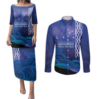 Personalised Matariki New Zealand Couples Matching Puletasi and Long Sleeve Button Shirt Maori New Year Galaxy Koru Pattern