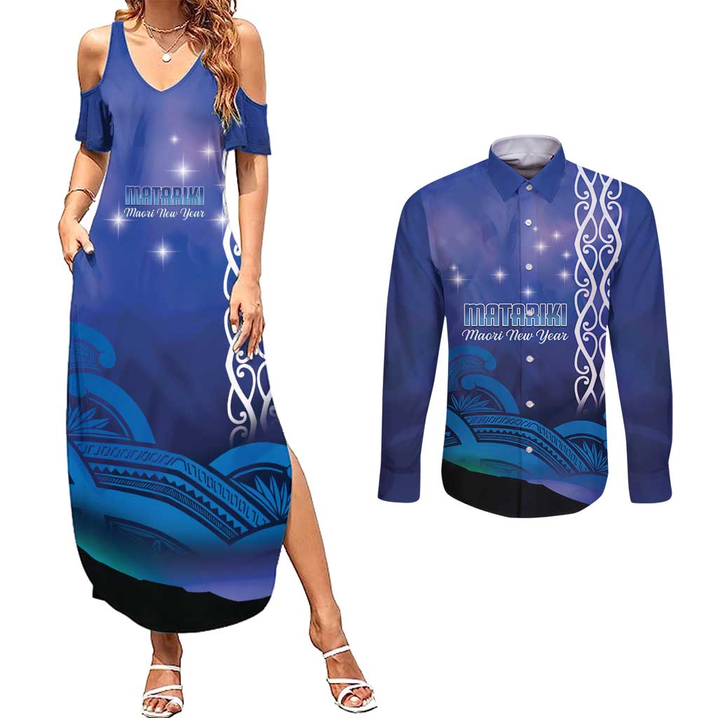 Personalised Matariki New Zealand Couples Matching Summer Maxi Dress and Long Sleeve Button Shirt Maori New Year Galaxy Koru Pattern