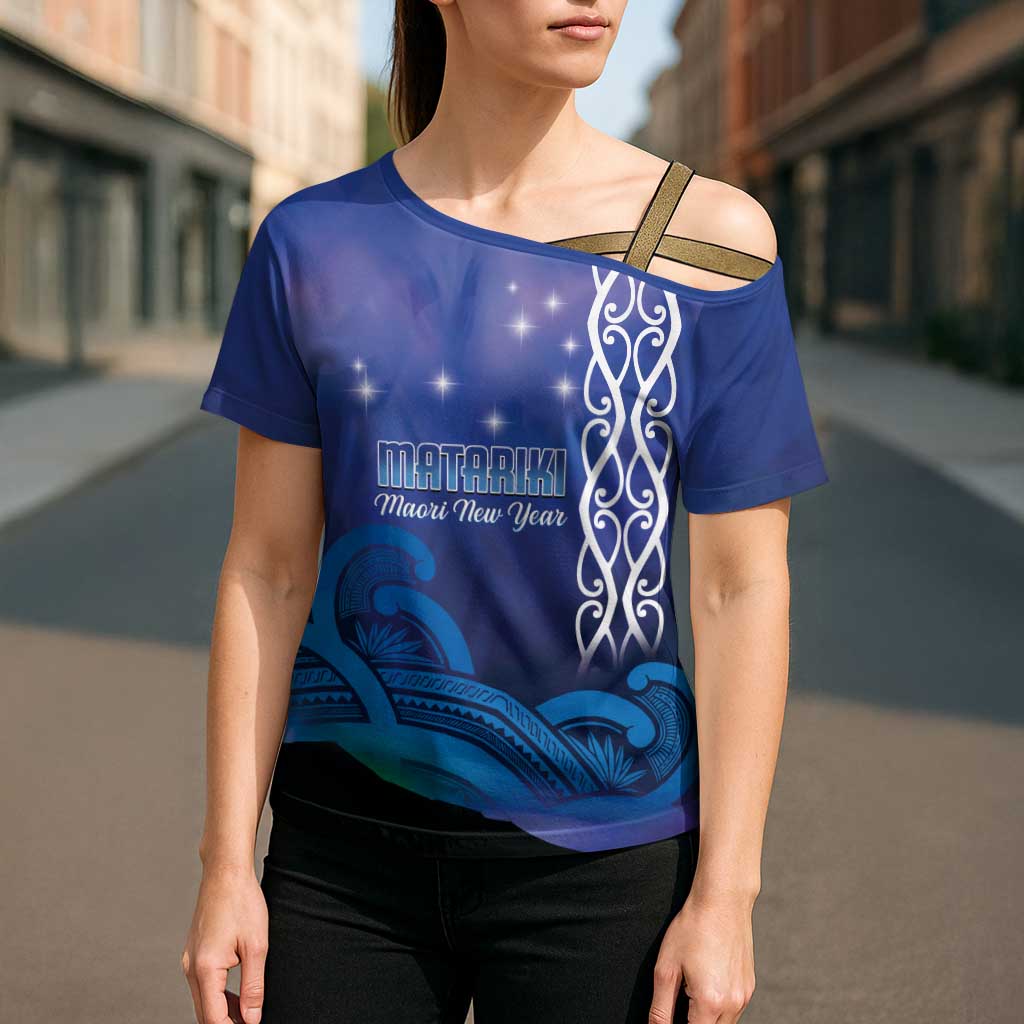 Personalised Matariki New Zealand Cross Shoulder Shirt Maori New Year Galaxy Koru Pattern - Polynesian Pride