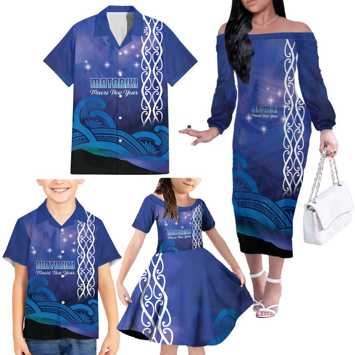 Personalised Matariki New Zealand Family Matching Off The Shoulder Long Sleeve Dress and Hawaiian Shirt Maori New Year Galaxy Koru Pattern
