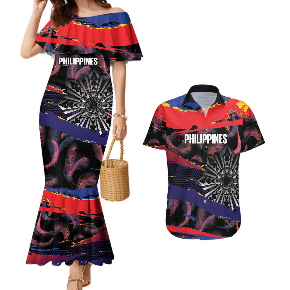 Philippines Sun Tattoo Couples Matching Mermaid Dress and Hawaiian Shirt Feathers Filipinas Grunge Style Black