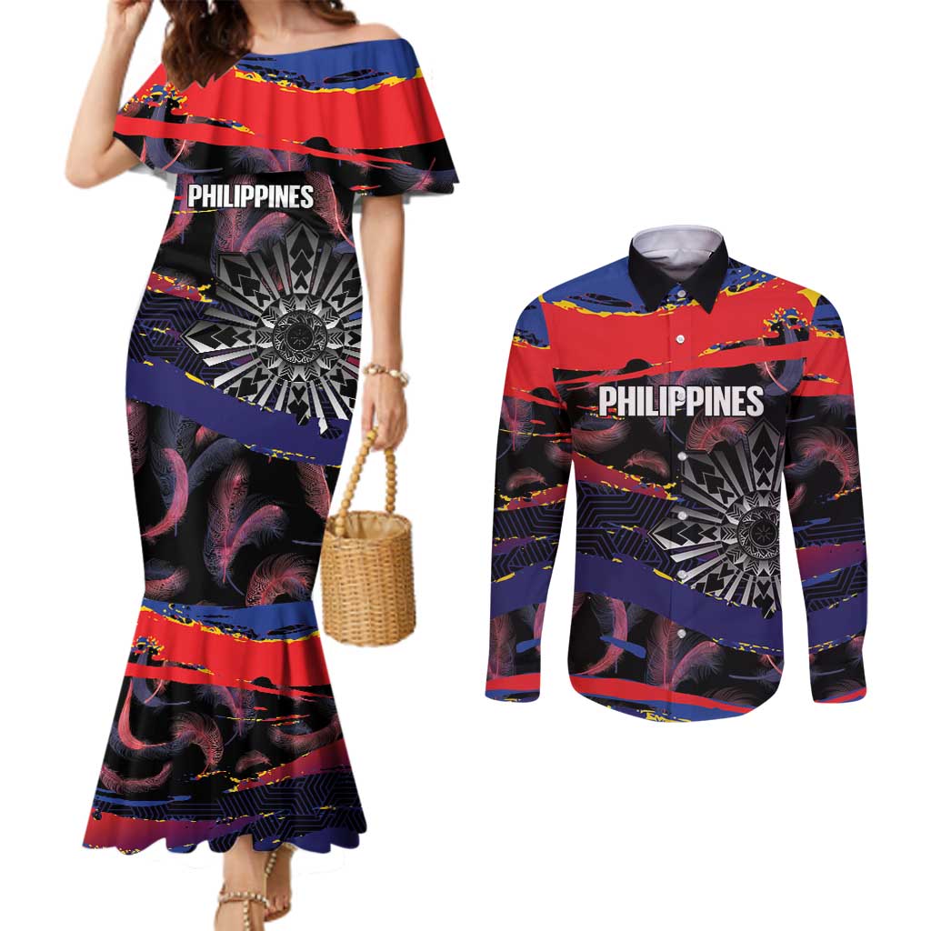 Philippines Sun Tattoo Couples Matching Mermaid Dress and Long Sleeve Button Shirt Feathers Filipinas Grunge Style Black
