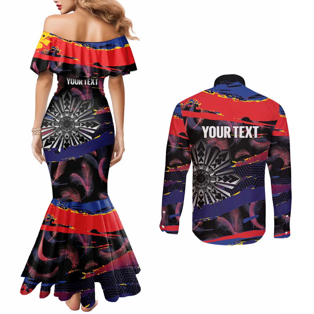 Philippines Sun Tattoo Couples Matching Mermaid Dress and Long Sleeve Button Shirt Feathers Filipinas Grunge Style Black