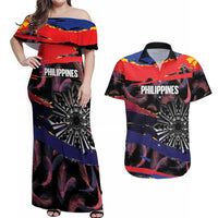 Philippines Sun Tattoo Couples Matching Off Shoulder Maxi Dress and Hawaiian Shirt Feathers Filipinas Grunge Style Black
