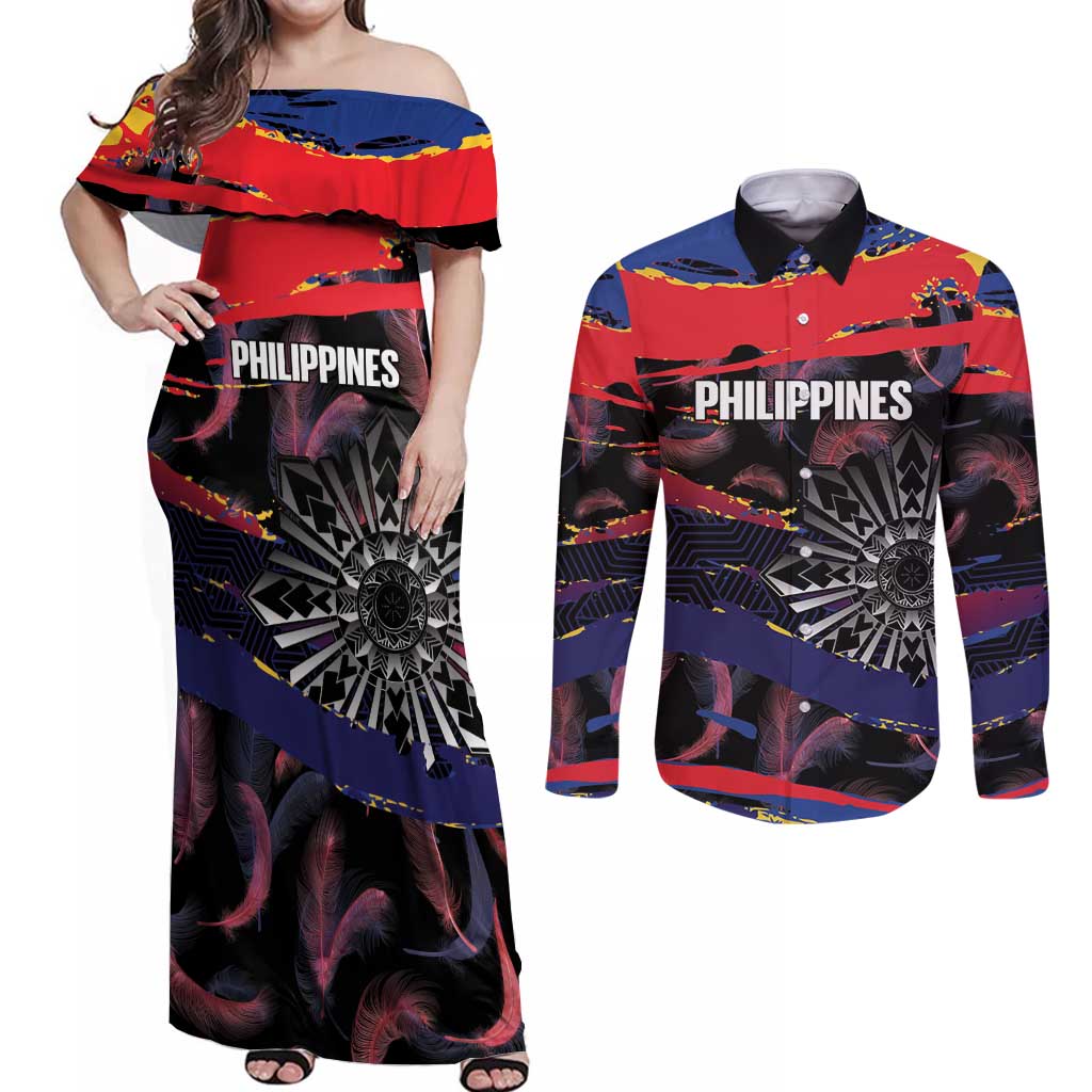 Philippines Sun Tattoo Couples Matching Off Shoulder Maxi Dress and Long Sleeve Button Shirt Feathers Filipinas Grunge Style Black LT14 Black - Polynesian Pride