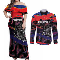 Philippines Sun Tattoo Couples Matching Off Shoulder Maxi Dress and Long Sleeve Button Shirt Feathers Filipinas Grunge Style Black LT14 Black - Polynesian Pride