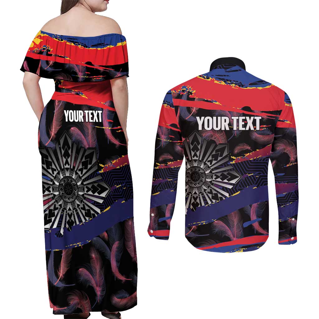 Philippines Sun Tattoo Couples Matching Off Shoulder Maxi Dress and Long Sleeve Button Shirt Feathers Filipinas Grunge Style Black LT14 - Polynesian Pride