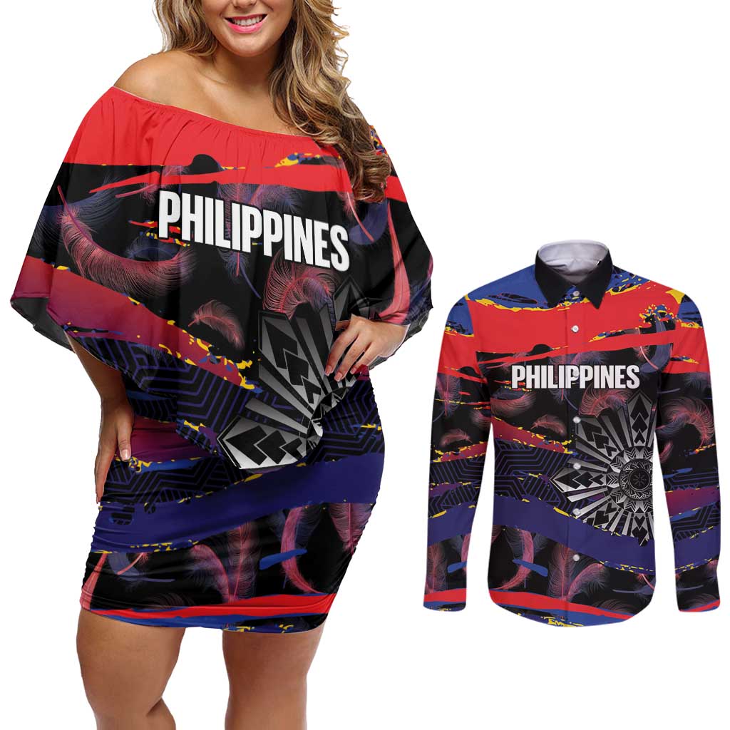 Philippines Sun Tattoo Couples Matching Off Shoulder Short Dress and Long Sleeve Button Shirt Feathers Filipinas Grunge Style Black
