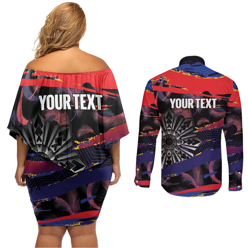 Philippines Sun Tattoo Couples Matching Off Shoulder Short Dress and Long Sleeve Button Shirt Feathers Filipinas Grunge Style Black