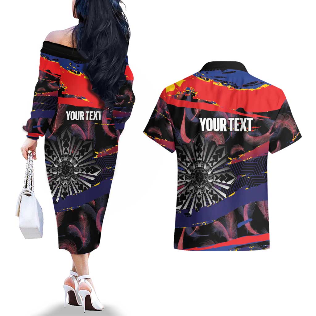 Philippines Sun Tattoo Couples Matching Off The Shoulder Long Sleeve Dress and Hawaiian Shirt Feathers Filipinas Grunge Style Black