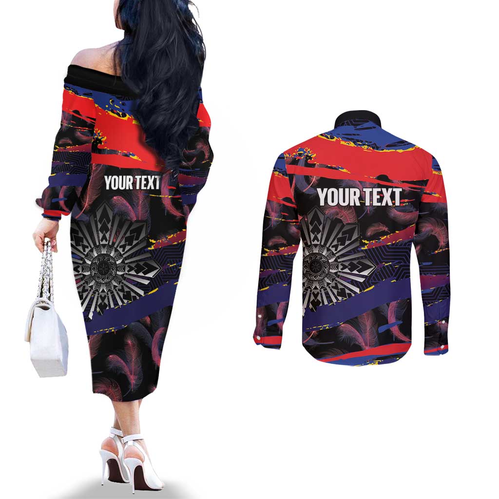 Philippines Sun Tattoo Couples Matching Off The Shoulder Long Sleeve Dress and Long Sleeve Button Shirt Feathers Filipinas Grunge Style Black