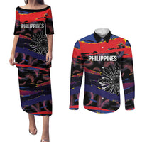 Philippines Sun Tattoo Couples Matching Puletasi and Long Sleeve Button Shirt Feathers Filipinas Grunge Style Black LT14 Black - Polynesian Pride