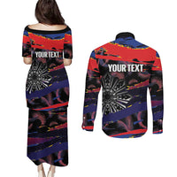 Philippines Sun Tattoo Couples Matching Puletasi and Long Sleeve Button Shirt Feathers Filipinas Grunge Style Black LT14 - Polynesian Pride