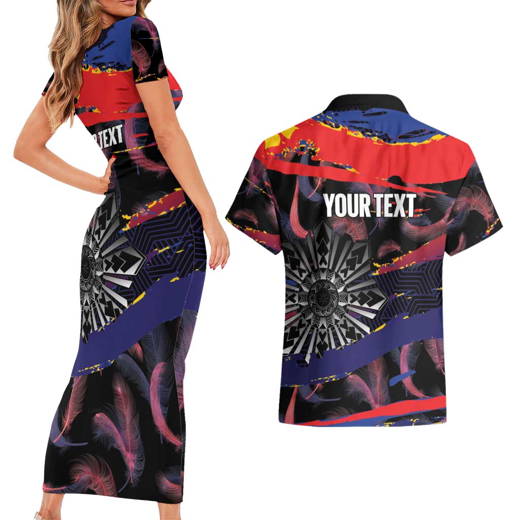 Philippines Sun Tattoo Couples Matching Short Sleeve Bodycon Dress and Hawaiian Shirt Feathers Filipinas Grunge Style Black