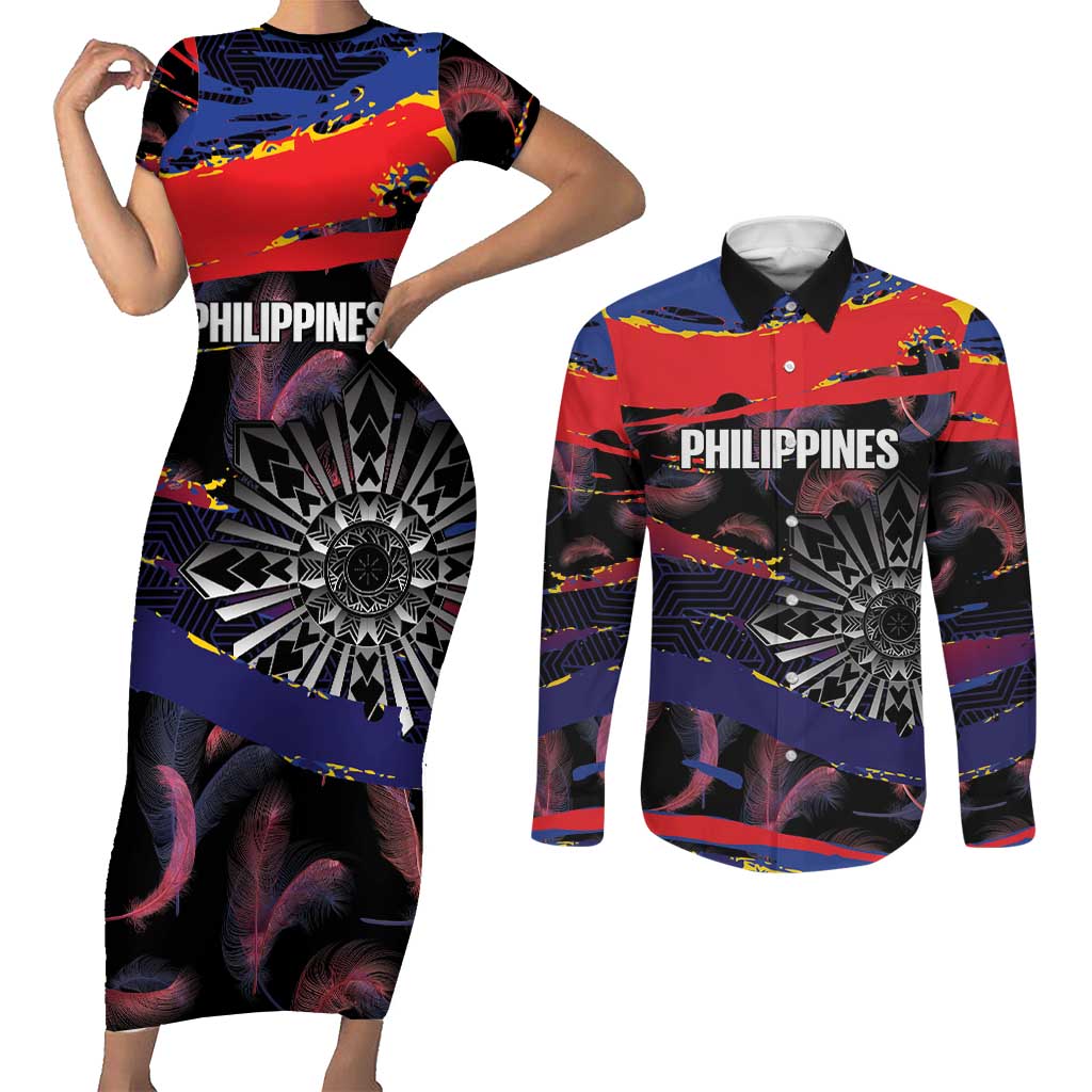 Philippines Sun Tattoo Couples Matching Short Sleeve Bodycon Dress and Long Sleeve Button Shirt Feathers Filipinas Grunge Style Black