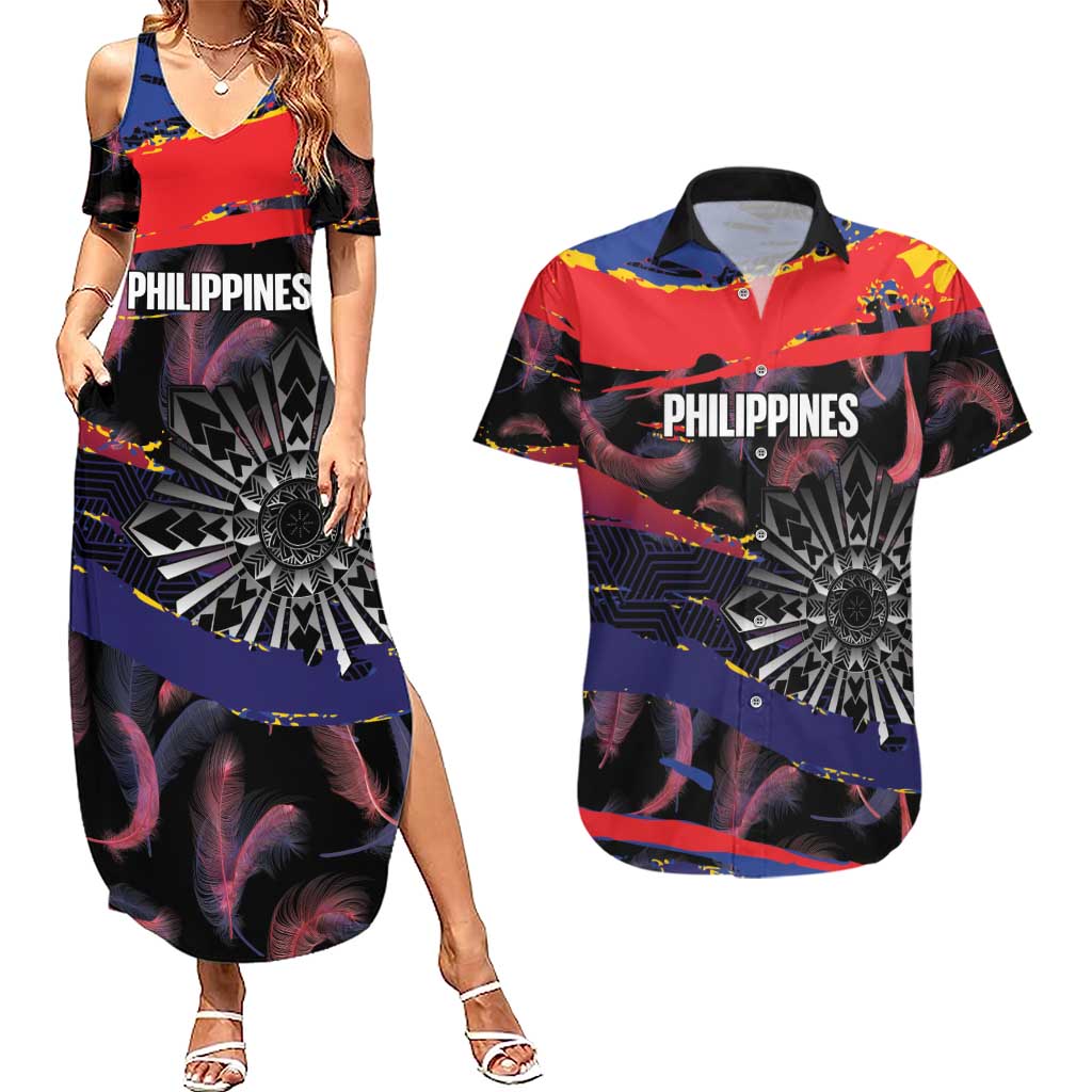 Philippines Sun Tattoo Couples Matching Summer Maxi Dress and Hawaiian Shirt Feathers Filipinas Grunge Style Black