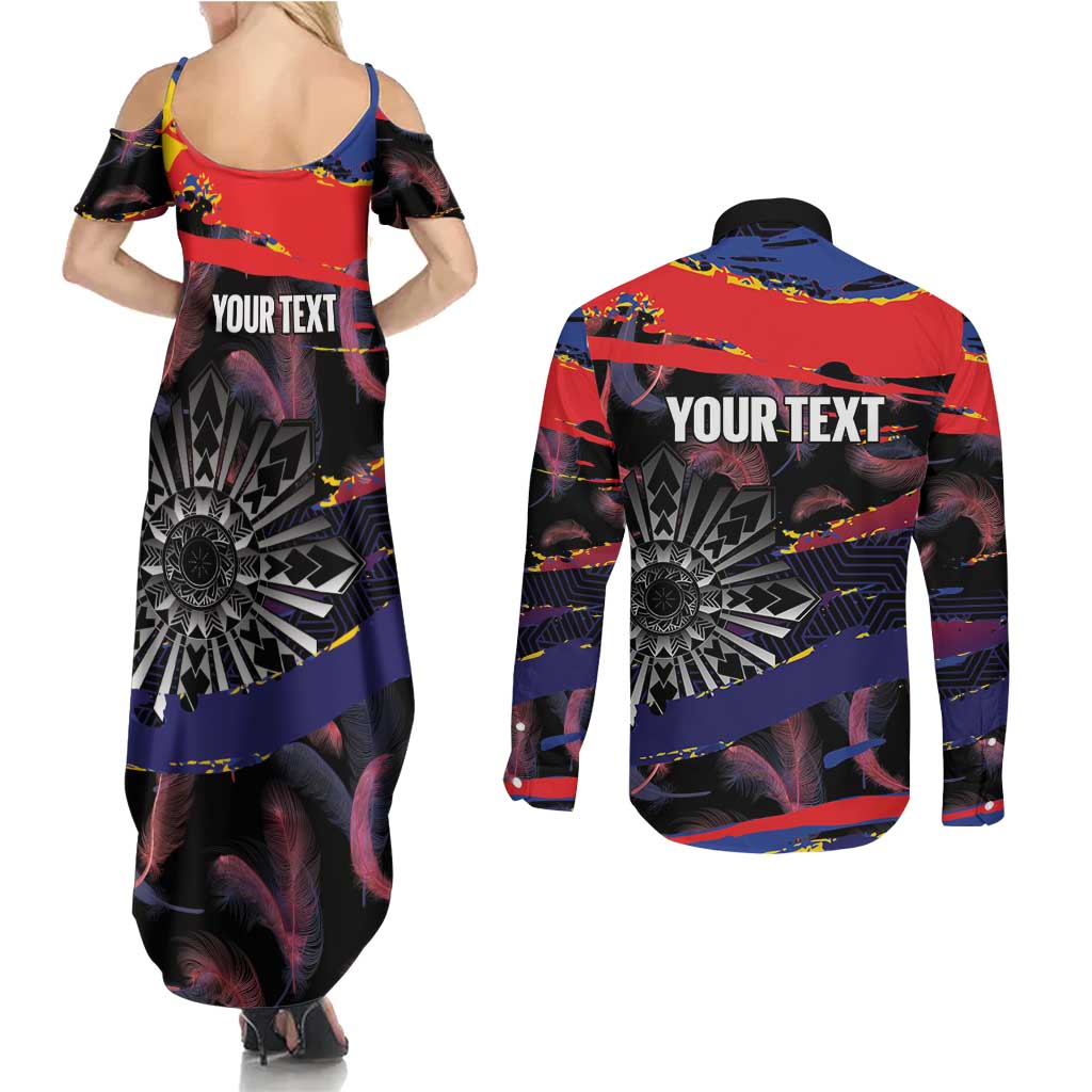 Philippines Sun Tattoo Couples Matching Summer Maxi Dress and Long Sleeve Button Shirt Feathers Filipinas Grunge Style Black
