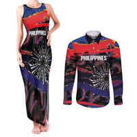 Philippines Sun Tattoo Couples Matching Tank Maxi Dress and Long Sleeve Button Shirt Feathers Filipinas Grunge Style Black