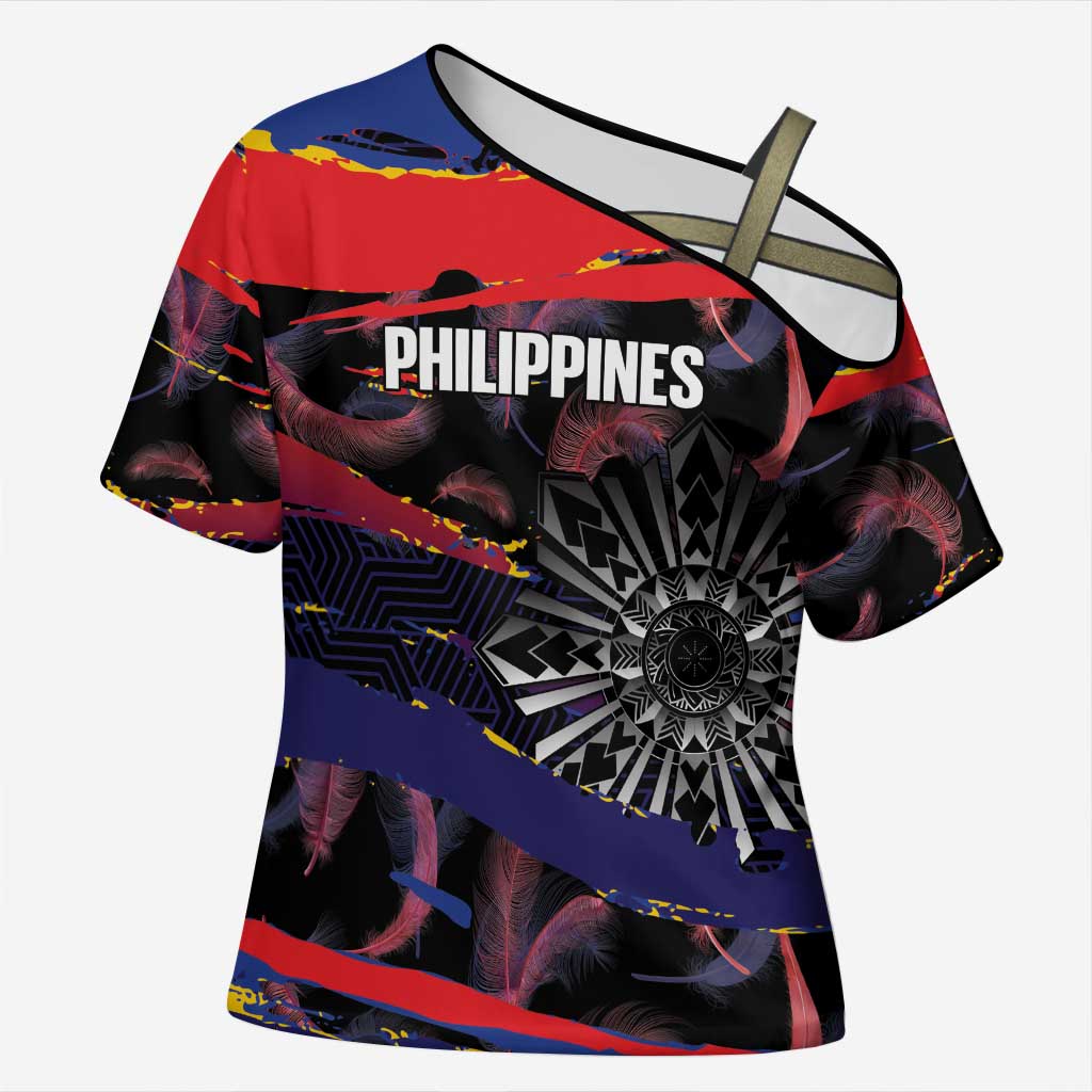 Philippines Sun Tattoo Cross Shoulder Shirt Feathers Filipinas Grunge Style Black LT14 Female Black - Polynesian Pride