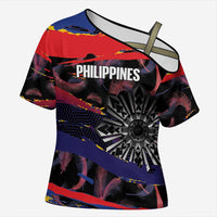 Philippines Sun Tattoo Cross Shoulder Shirt Feathers Filipinas Grunge Style Black LT14 Female Black - Polynesian Pride
