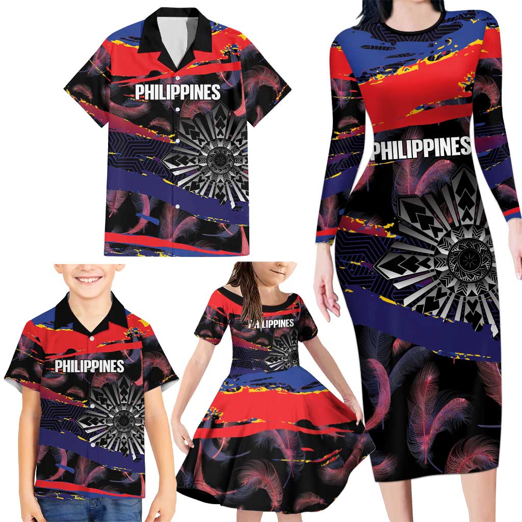 Philippines Sun Tattoo Family Matching Long Sleeve Bodycon Dress and Hawaiian Shirt Feathers Filipinas Grunge Style Black