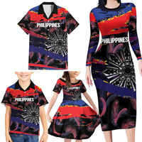 Philippines Sun Tattoo Family Matching Long Sleeve Bodycon Dress and Hawaiian Shirt Feathers Filipinas Grunge Style Black