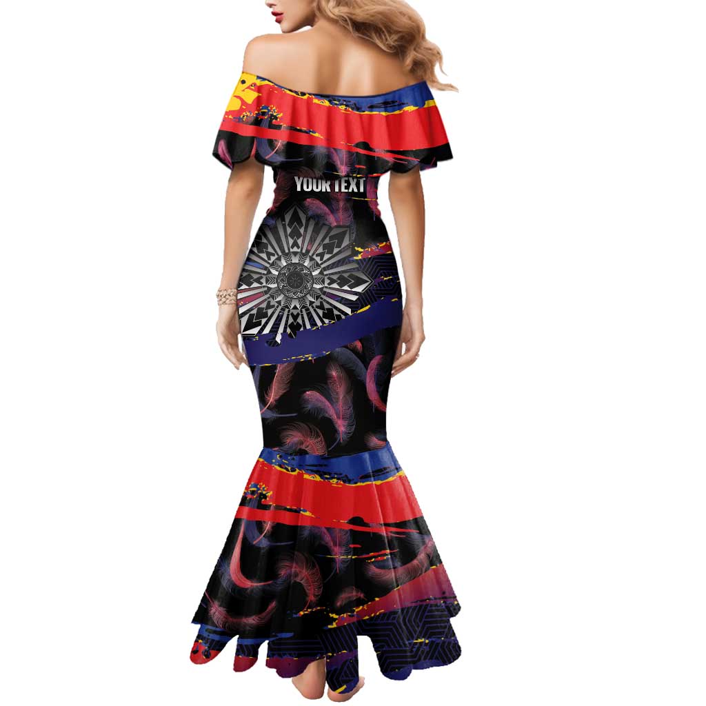 Philippines Sun Tattoo Family Matching Mermaid Dress and Hawaiian Shirt Feathers Filipinas Grunge Style Black