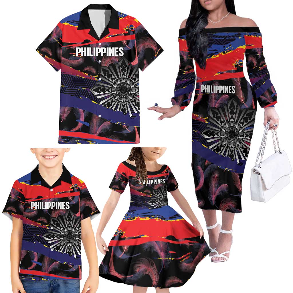 Philippines Sun Tattoo Family Matching Off The Shoulder Long Sleeve Dress and Hawaiian Shirt Feathers Filipinas Grunge Style Black