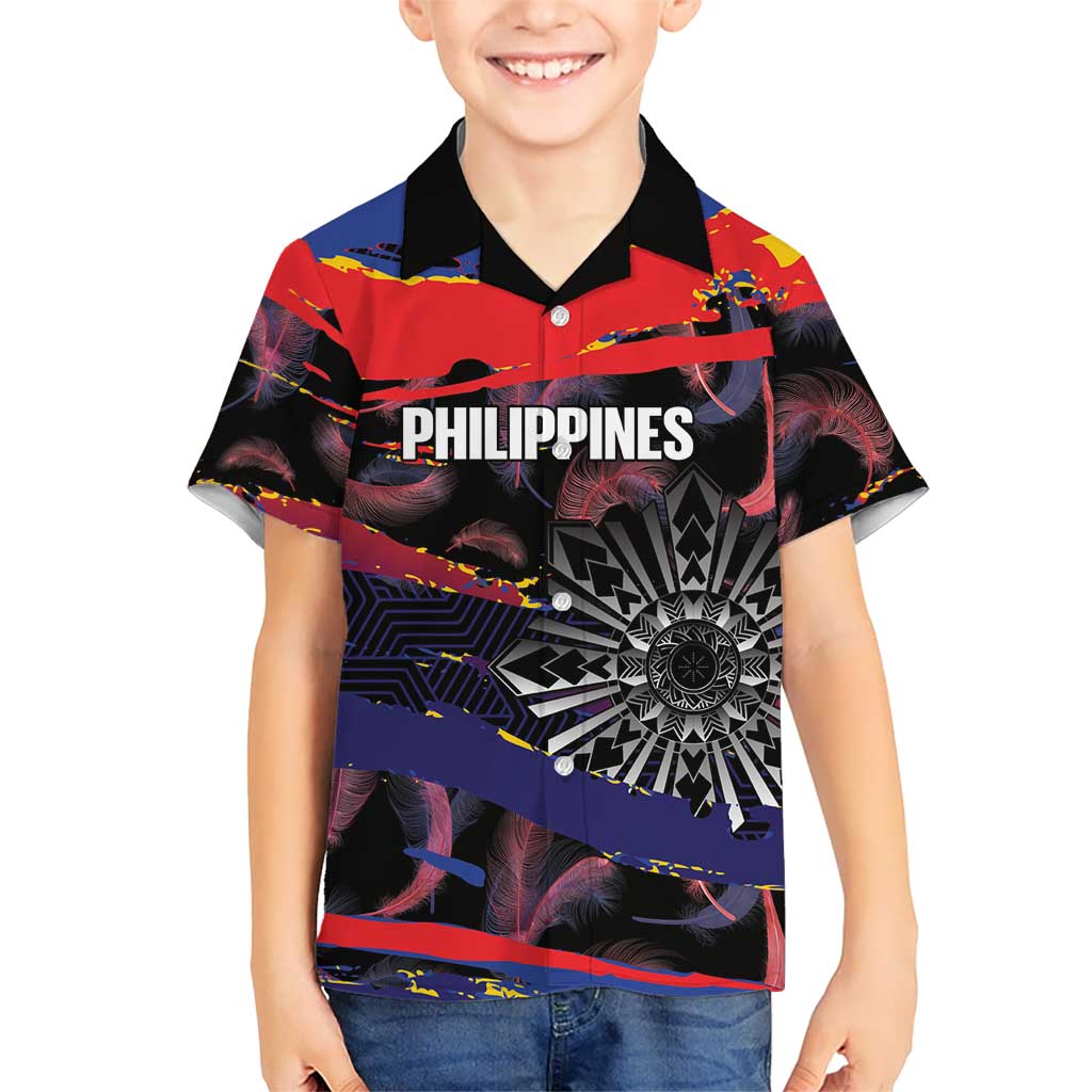 Philippines Sun Tattoo Family Matching Off Shoulder Short Dress and Hawaiian Shirt Feathers Filipinas Grunge Style Black