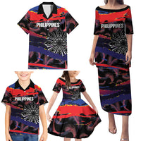 Philippines Sun Tattoo Family Matching Puletasi and Hawaiian Shirt Feathers Filipinas Grunge Style Black