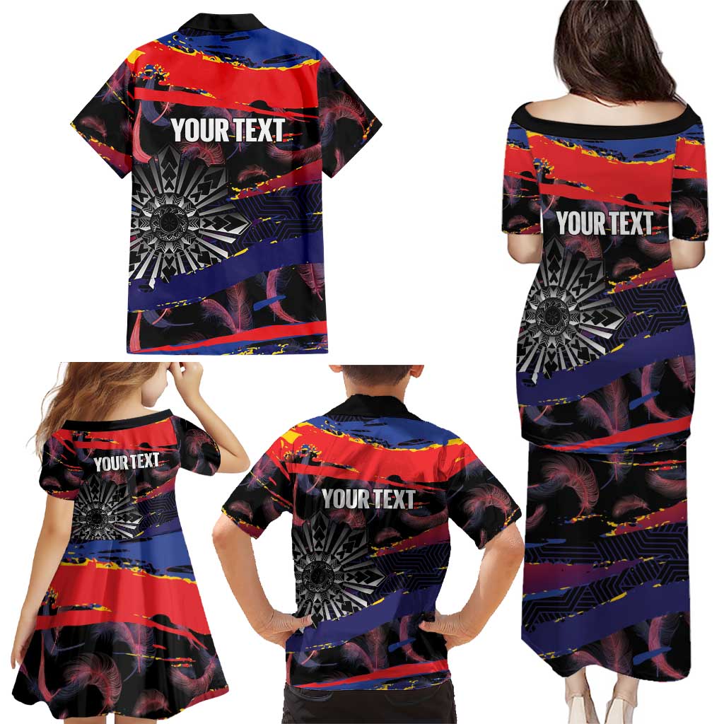 Philippines Sun Tattoo Family Matching Puletasi and Hawaiian Shirt Feathers Filipinas Grunge Style Black