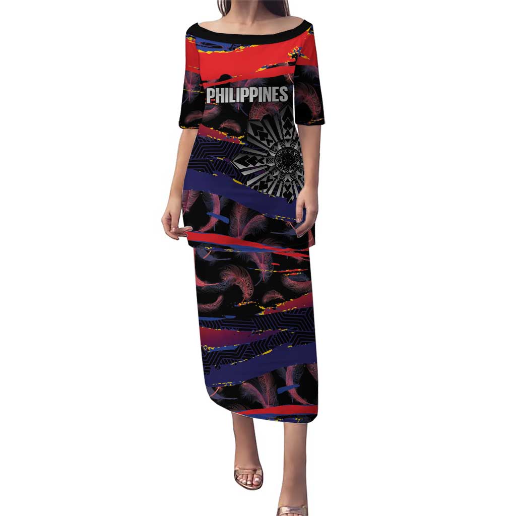 Philippines Sun Tattoo Family Matching Puletasi and Hawaiian Shirt Feathers Filipinas Grunge Style Black