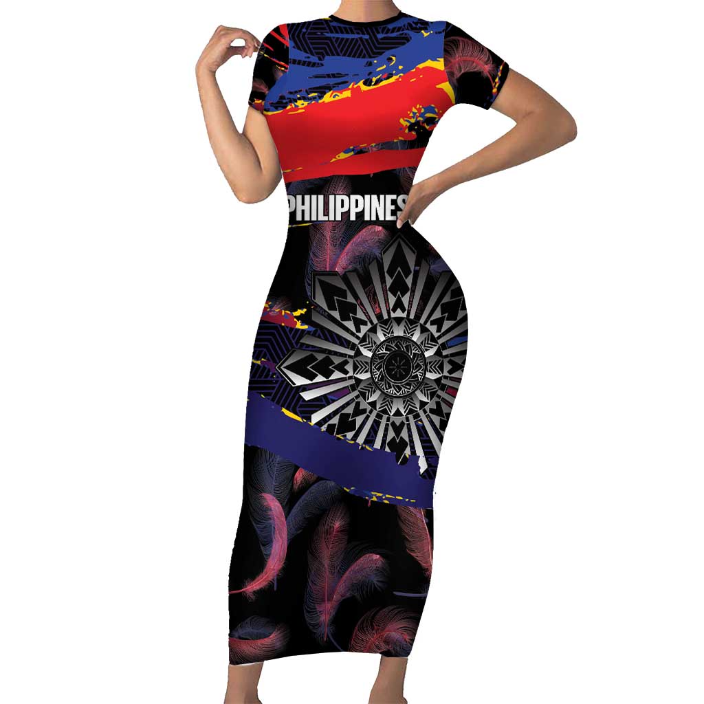Philippines Sun Tattoo Family Matching Short Sleeve Bodycon Dress and Hawaiian Shirt Feathers Filipinas Grunge Style Black