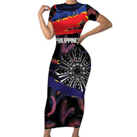 Philippines Sun Tattoo Family Matching Short Sleeve Bodycon Dress and Hawaiian Shirt Feathers Filipinas Grunge Style Black