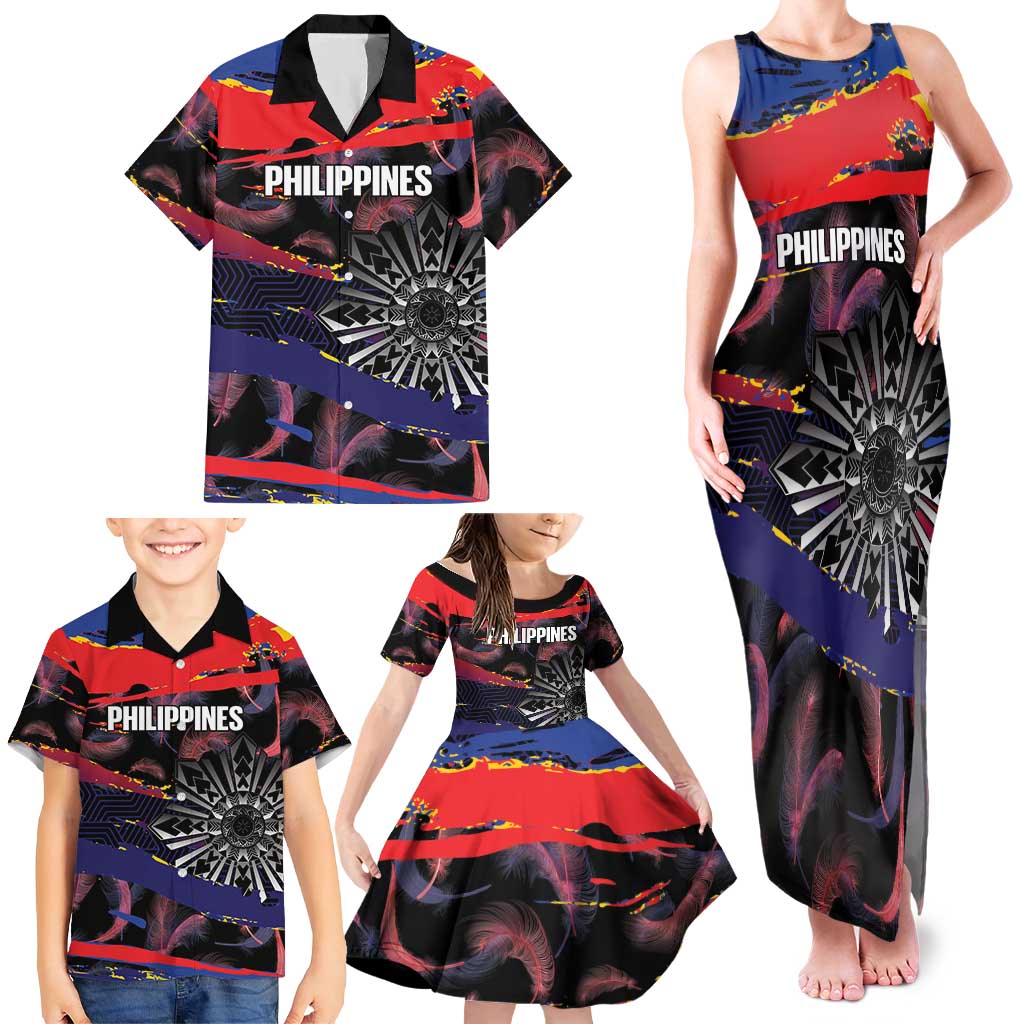 Philippines Sun Tattoo Family Matching Tank Maxi Dress and Hawaiian Shirt Feathers Filipinas Grunge Style Black
