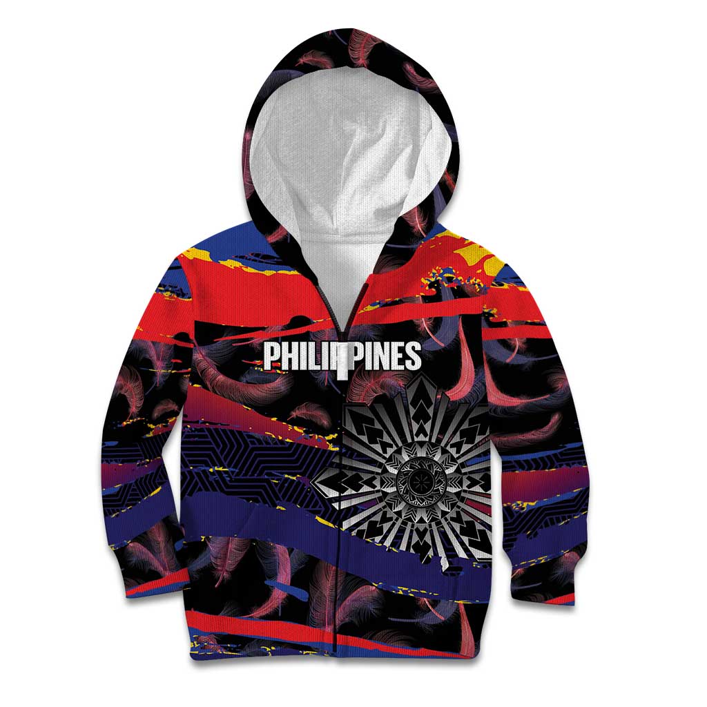 Philippines Sun Tattoo Kid Hoodie Feathers Filipinas Grunge Style Black LT14 Zip Hoodie Black - Polynesian Pride