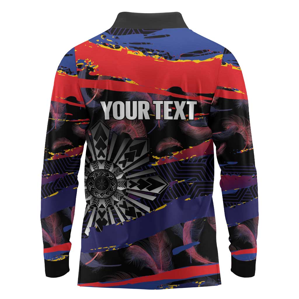 Philippines Sun Tattoo Long Sleeve Polo Shirt Feathers Filipinas Grunge Style Black