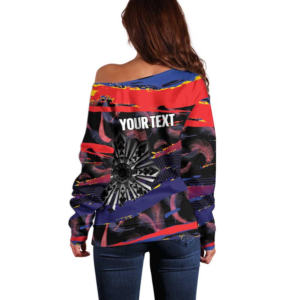 Philippines Sun Tattoo Off Shoulder Sweater Feathers Filipinas Grunge Style Black