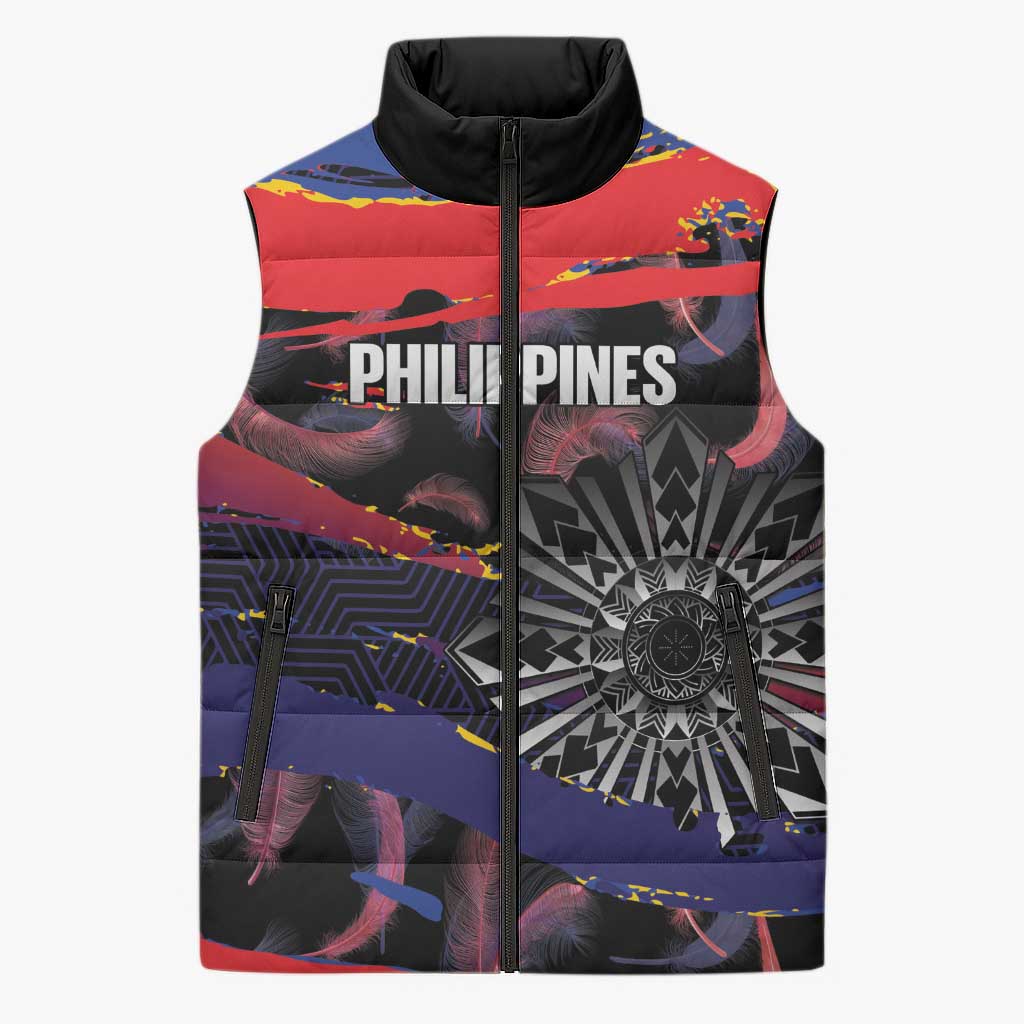 Philippines Sun Tattoo Sleeveless Puffer Jacket Feathers Filipinas Grunge Style Black