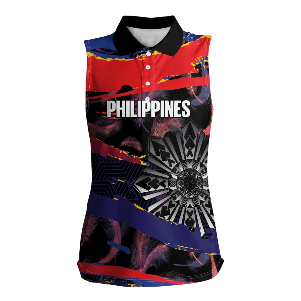 Philippines Sun Tattoo Women Sleeveless Polo Shirt Feathers Filipinas Grunge Style Black LT14 Female Black - Polynesian Pride