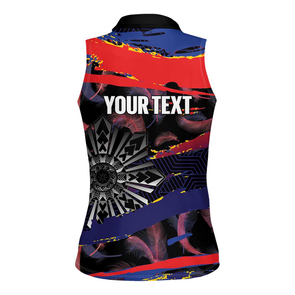 Philippines Sun Tattoo Women Sleeveless Polo Shirt Feathers Filipinas Grunge Style Black LT14 - Polynesian Pride