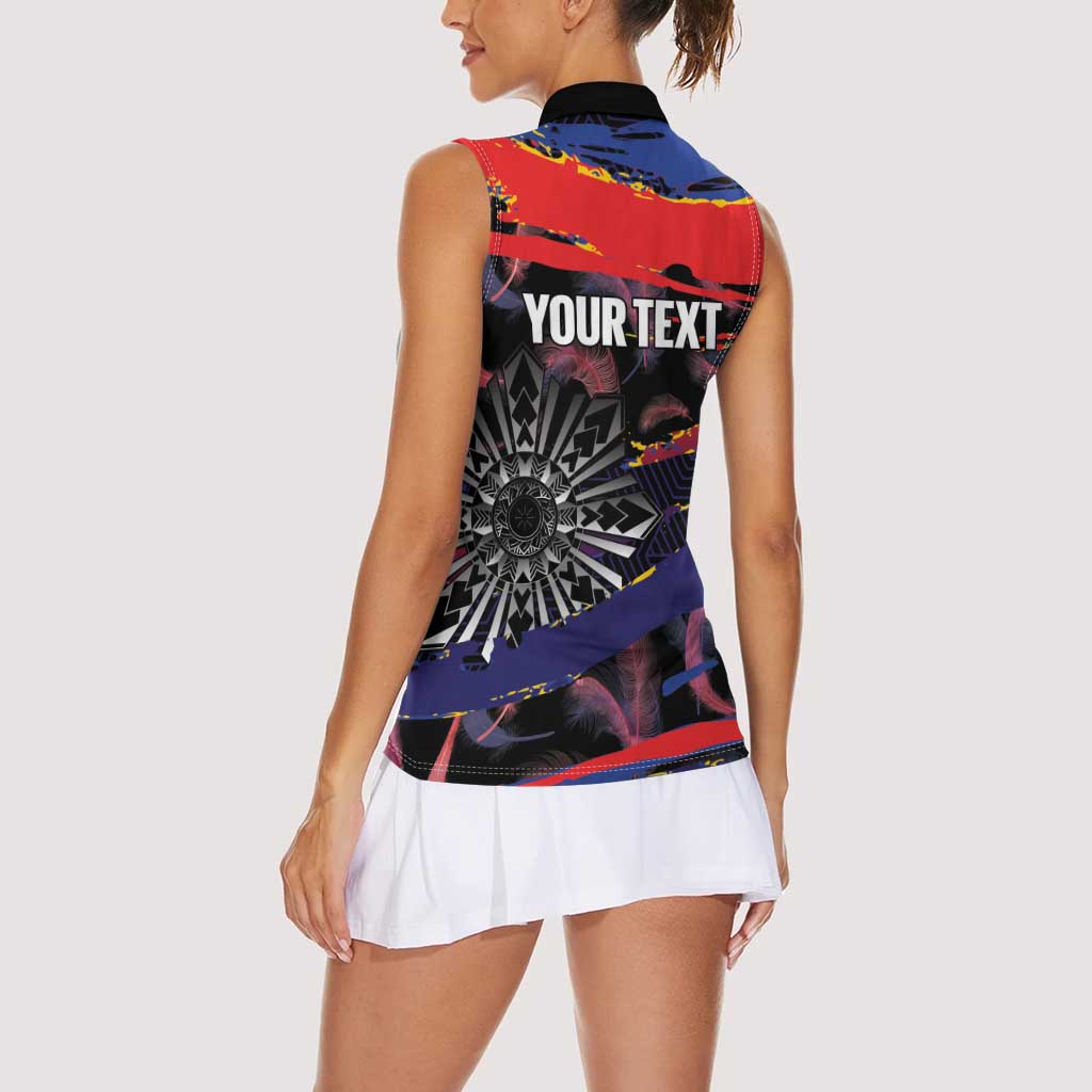 Philippines Sun Tattoo Women Sleeveless Polo Shirt Feathers Filipinas Grunge Style Black LT14 - Polynesian Pride