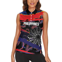 Philippines Sun Tattoo Women Sleeveless Polo Shirt Feathers Filipinas Grunge Style Black LT14 - Polynesian Pride