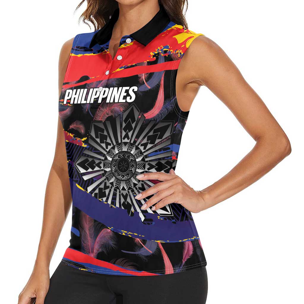Philippines Sun Tattoo Women Sleeveless Polo Shirt Feathers Filipinas Grunge Style Black LT14 - Polynesian Pride