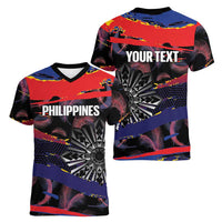 Philippines Sun Tattoo Women V-Neck T-Shirt Feathers Filipinas Grunge Style Black
