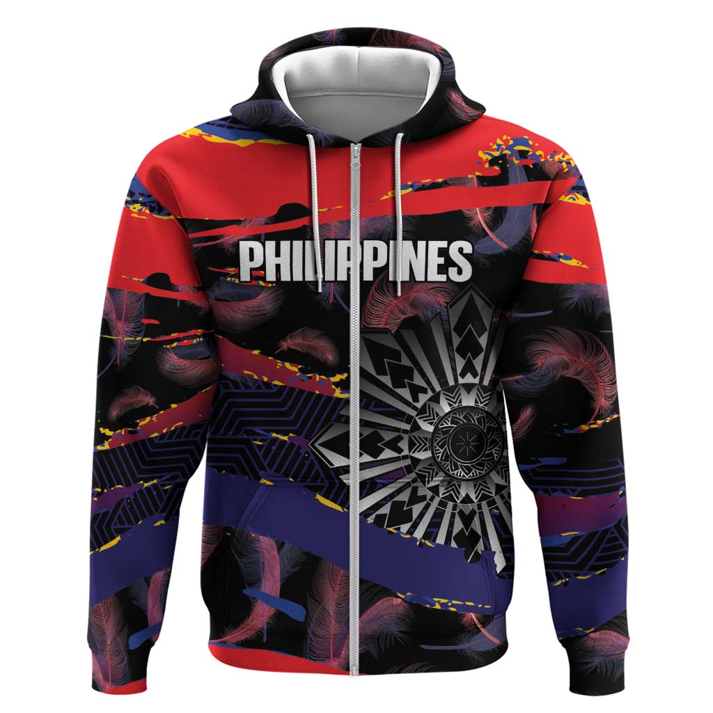 Philippines Sun Tattoo Zip Hoodie Feathers Filipinas Grunge Style Black LT14 Zip Hoodie Black - Polynesian Pride